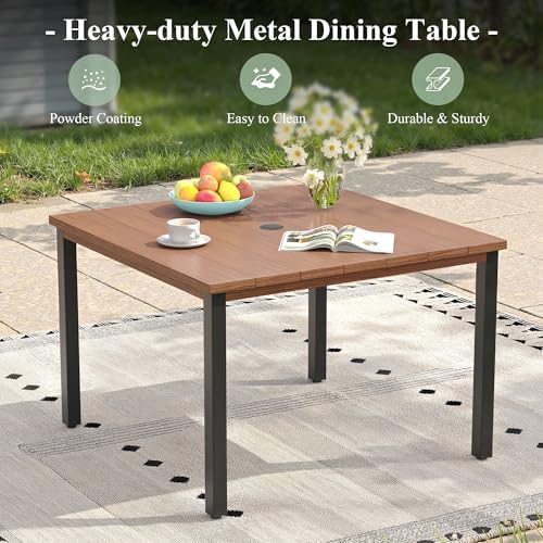 Outdoor Dining Table with Adjustable Umbrella Hole, 40.2" All-Weather Square Patio Dining Table for 4, Metal Patio Table for Garden Lawn Porch Deck Yard, Walnut - Image 7