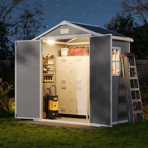 Aoxun 6x4 FT Outdoor Storage Shed, Resin Shed with Suction Light, Gray by Aoxun