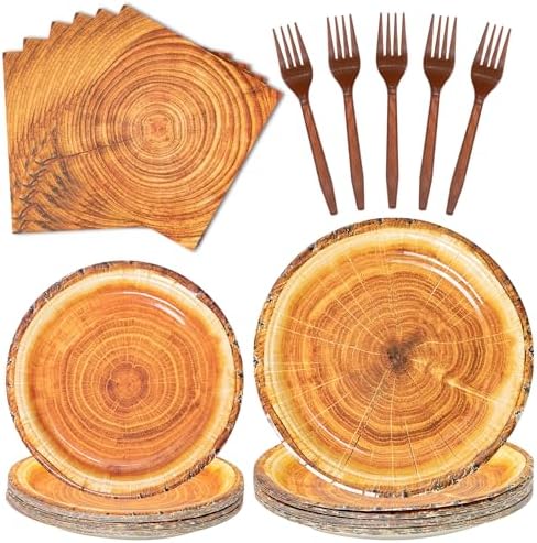 96Pcs Rustic Wood Grain Slice Paper Tableware Set for 24 Guests by Lianxuia