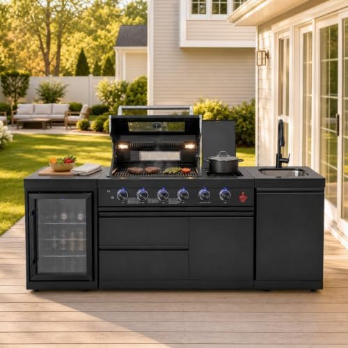 85" Modular Outdoor Kitchen Island,4-Burner 72,000 BTU Stainless Steel Propane Grill with Side Burner,Infrared Burner,Refrigerator,Sink,and Granite Countertop.Gas Grill for Backyard & Patio BBQ. by Unknown