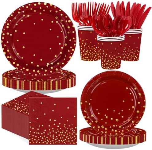 168Pcs Burgundy Fall Maroon and Gold Party Supplies Serves 24 by Greencian