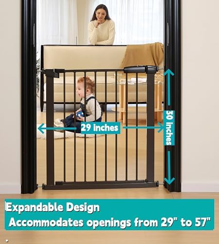 30.47"-32.64" Baby and Pet Safety Gate, 30" Tall Metal Walk-Thru Gate for Doorways & Stairs, Easy One-Hand Open, Dual Lock (Brown, 29" W x 30.5“H) - Image 2