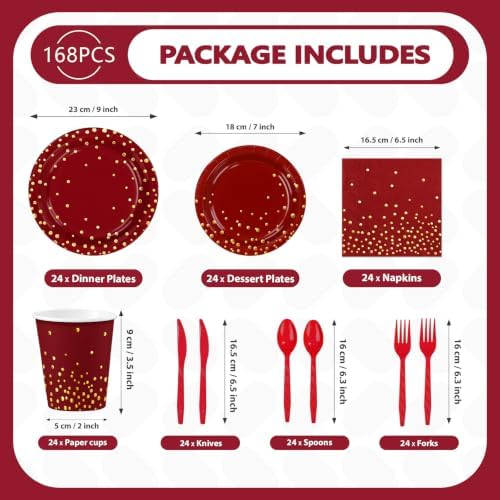 168Pcs Burgundy Fall Maroon and Gold Party Supplies Serves 24 - Image 4