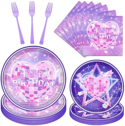 Pink and Purple Party Decorations, 96PCS Magical Music Theme Paper Plates and Napkins Decorations, Cute Singer Happy Birthday Forks Decor Supplies Serve 24 by Deorfuy