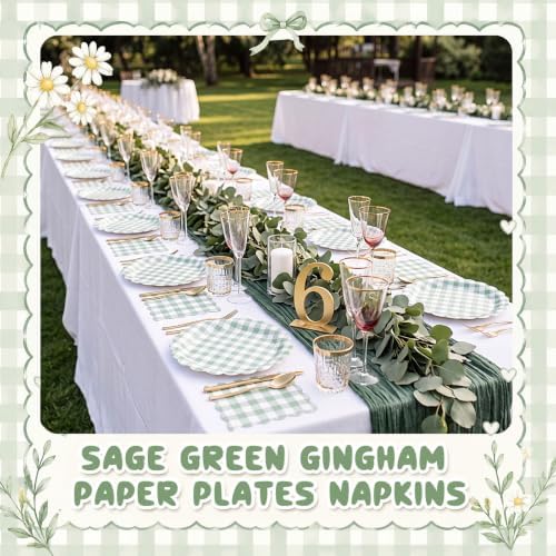 Roshtia 120 Pcs Sage Green Gingham Plates and Napkins Set, Boho Baby Shower - Image 5