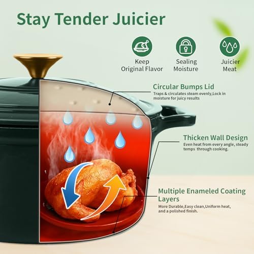 Enamel Cast Iron Dutch Oven with Lid, Round Casserole Pot for Bread Baking, Braising, Roasting, and Stews, Heavy-Duty, Oven Safe, Induction Compatible (4.7QT,Green) - Image 4