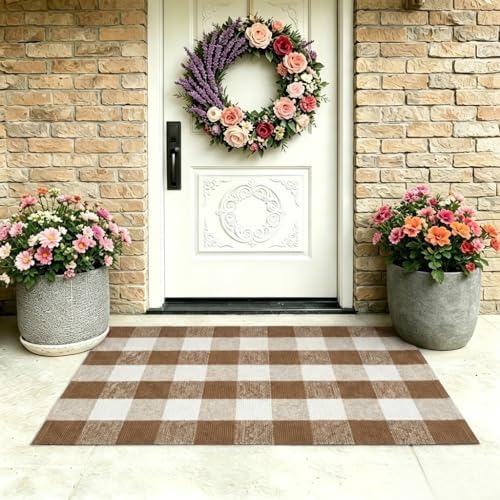 MUBIN Fall Decor Cotton Buffalo Plaid Rug, 27.5x43 Coffee White Outdoor Rug Front Door Decorative Mat, Washable Doormat Foldable Area Rug Layered Door Mats Rug for Front Porch, Entryway, Patio - Image 5