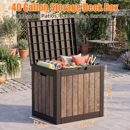 40 Gallon Outdoor Deck Box, Lockable Waterproof Resin Storage Container, Weatherproof Storage Box for Garden Tools, Patio Cushions & Outdoor Accessories (Walnut) - Image 2