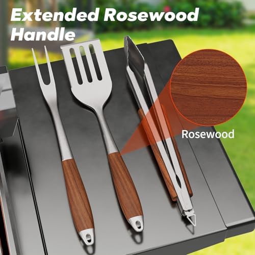 ENLOY Heavy-Duty Rose Wooden Barbecue Grilling Tools Set, Stainless Steel - Image 3