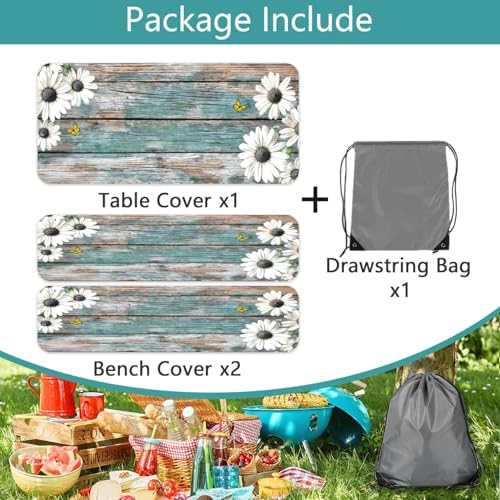 Daisy Flowers Picnic Table Cover with Bench Covers and Bag, Camping Essentials, Wooden Grain Waterproof Windproof, Fitted Tablecloth Cover with Elastic Edge, for Indoor & Outdoor, 3 PCS, 30x72 Inch - Image 7