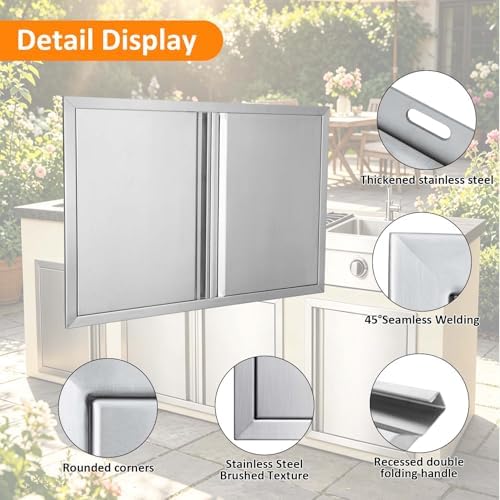 JIE JIN Outdoor Kitchen Door 31" W X 24" H Double Doors BBQ Access Door BBQ Island Door 304 Brushed Stainless Steel Flush Mount Door for Outdoor Kitchen BBQ Island Outdoor Cabinet Doors - Image 3