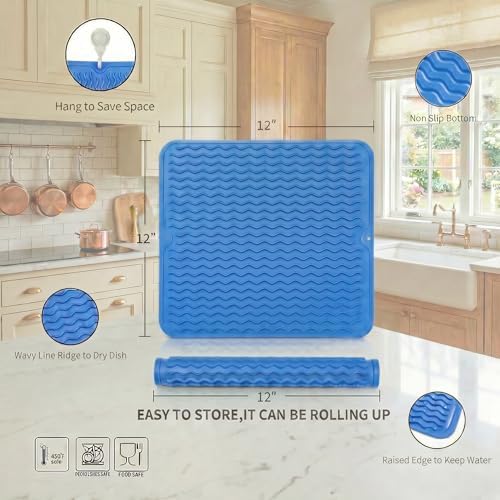 MicoYang Silicone Dish Drying Mat for Multiple Usage,Easy clean,Eco-friendly,Heat-resistant Silicone Mat for Kitchen Counter or Sink,Refrigerator or Drawer liner Lichen BlueL M 12 inches x 12 inches - Image 2