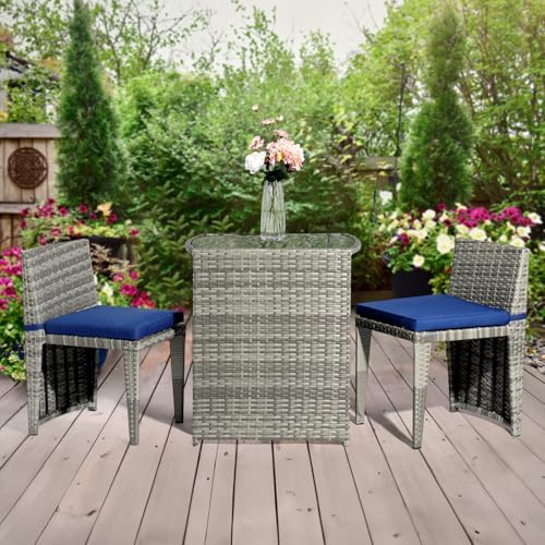 Bonnlo 3 PCS Wicker Outdoor Patio Bistro Set, Patio Furniture Set for Small Space with Glass Top Table Dining Chairs, Balcony Furniture Patio Table and Chairs Set of 2 for Garden Yard Porch (Grey) - Image 7