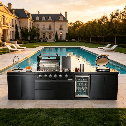 131'' LPG Outdoor Kitchen Island with Grill, 72000 BTU, 6-Burner, Black by Unknown