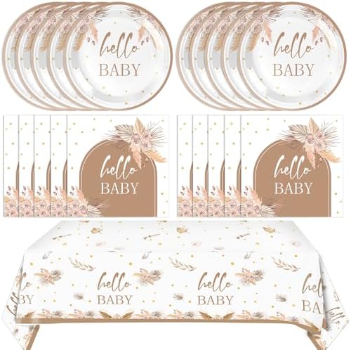 41Pcs Boho Baby Shower Decorations Bohemian Floral Pampas Grass Theme Tableware Neutral Birthday Decorations Boho Flower Paper Plates Napkins Tablecloth丨Boy Girl Birthday Baby Shower Party,Serves 20 by Mainivo