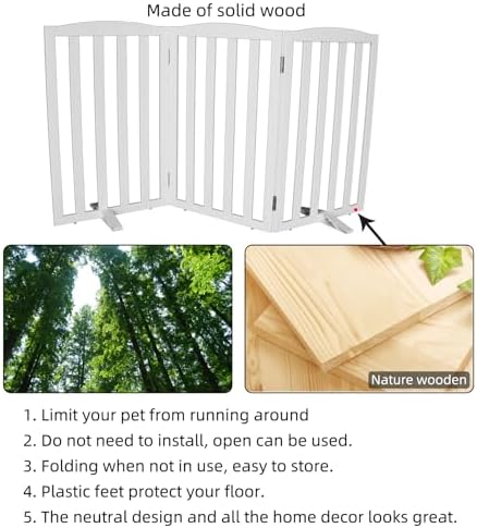 Freestanding Dog Gate Indoor,Doggie Gate Foldable Dog Gates for Doorways,Stairs or Hallways, Wooden White Pet Gate for The House, Pet Fence with Support Feet Included,32 "Height-3 Panels - Image 6