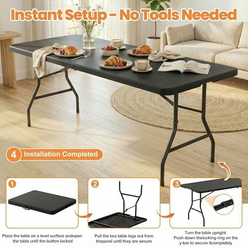 8 Feet Foldable Picnic Table with 10 Folding Chairs for 10, Black - Image 7