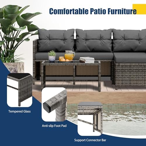 Vongrasig 3 Pieces Patio Furniture Sets, All-Weather Wicker Outdoor Sofa Couch Sectional Set, Small Conversation Set for Patio, Garden w/Cushion, Glass Table, (Grey) - Image 5