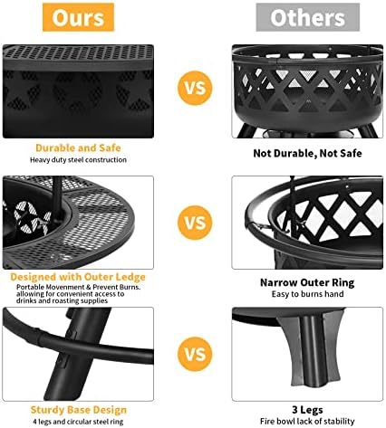 Hykolity 35 Inch Fire Pit with 2 Cooking Grate & Charcoal Pan, Outdoor Wood Burning BBQ Grill Firepit Bowl with Cover Lid, Steel Round Table for Backyard Bonfire Patio Picnic - Image 6