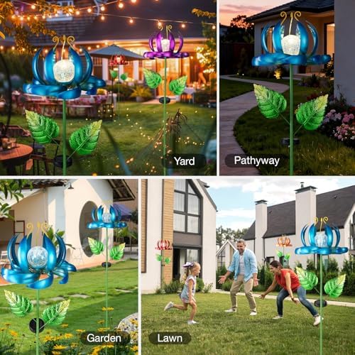 Solar Wind Spinner Lights, Metal Lotus Flower Garden Decor with Crackle Glass Globe, Outdoor LED Solar Stake Light for Yard Patio Lawn Pathway - Image 6