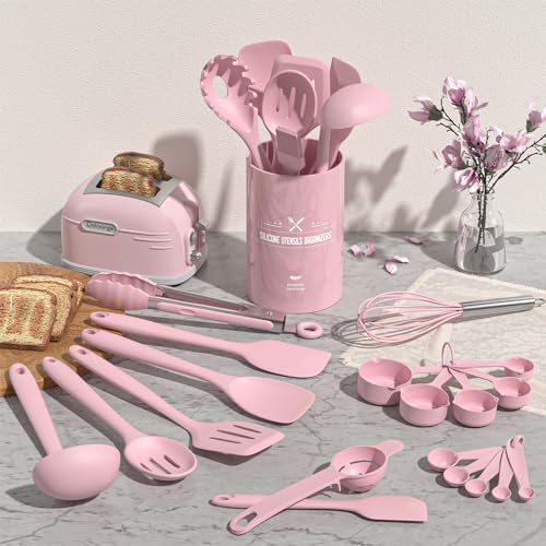 Umite Chef 22-Piece Silicone Cooking Utensils Set, Heat Resistant & Dishwasher Safe Kitchen Tools, Non-Scratch Spatula Set for Nonstick Cookware (Pink) - Image 2