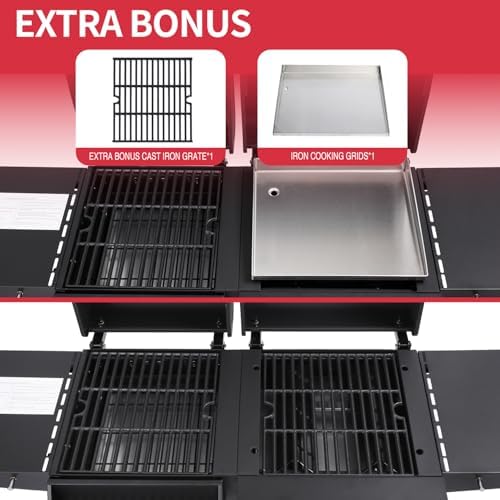 Charcoal and 2-Burner Propane Gas Combo Grill with Stainless Steel Griddle & Porcelain-enameled Cast Iron Grates, Dual Fuel BBQ Combo Grill for Outdoor Cooking - Image 4