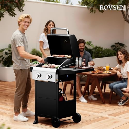 ROVSUN 2 Burner Propane Gas Grill with Foldable Side Shelves, 24000BTU BBQ Grills with Enameled Cast Iron Grates, Cabinet & Poratable Rolling Wheels for Outdoor Garden Patio Backyard Barbecue Cooking - Image 7