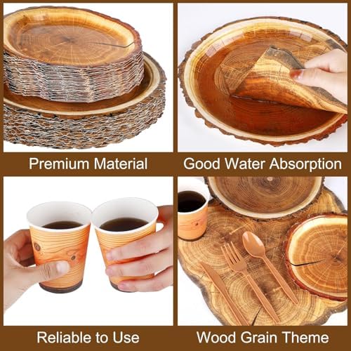durony 350 Pieces Camping Wood Grain Slice Tableware Set Rustic Camo Hunter Plates Napkins Cups Cutlery Hunting Birthday Party Decorations Lumberjack Dinner Camping Party Decorations Serve 50 Guests - Image 3