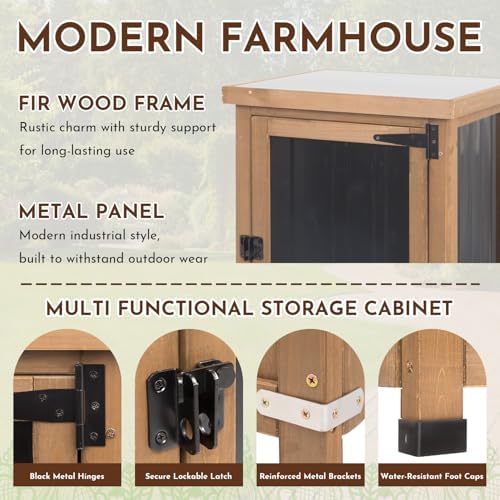 Ketive Outdoor Storage Cabinet with Metal Worktop, Small Garden Storage Cabinet with Adjustable Shelf, Weather-Resistant Fir Wood Tool Organizer for Patio, Backyard, Porch or Balcony - Image 5