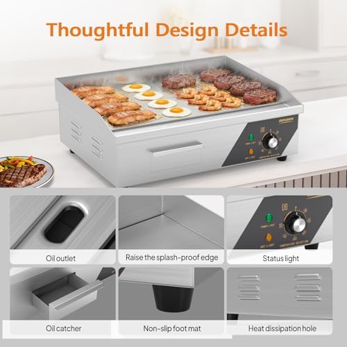 ROVSUN 22" Electric Griddle, Electric Countertop Half Flat Top Griddle, 1600W Grill Stainless Steel with Adjustable Temperature Control 122°F-572°F for Commercial Home Restaurant, Plug - Image 4