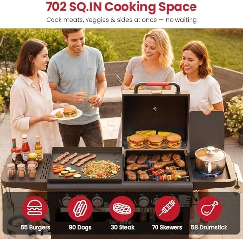 LAUDLIFE 5-Burner Propane Grill Griddle Combo with Side Burner - Image 3