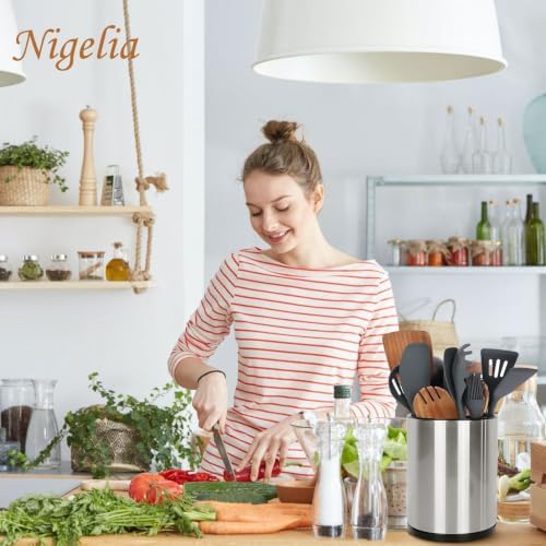 Nigelia Extra Large Kitchen Utensil Holder, 360° Rotating Stainless Steel Cooking Utensil Holder for Countertop, 3 Compartment Flatware Organizer & Cooking Caddy with Removable Base（Silvery） - Image 3