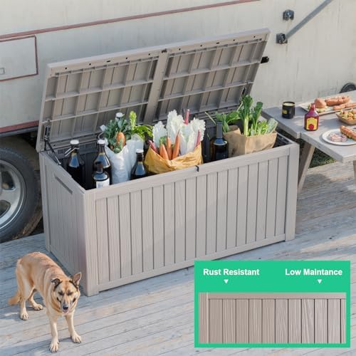 ROJIK Outdoor Storage Housing Deck Box - Waterproof Patio Furniture, Garden Tools, Cushions, Pool Accessories Storage Bench with Lockable Lid and Side Handles (Grey 200 Gal) - Image 6