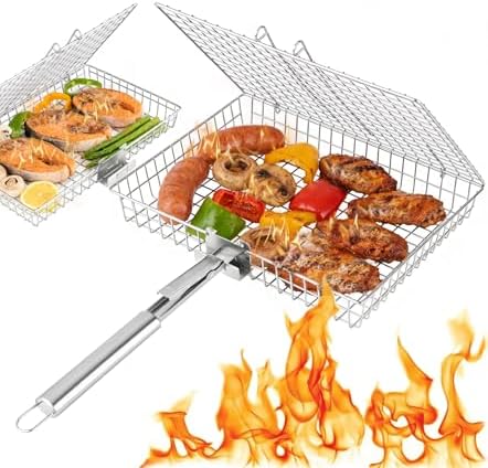 Grill Basket Set for Outdoor Grilling - Large Capacity Fish Grill Basket & Grilling Rack - Food Grade Stainless Steel Portable Flat Basket with Removable Handle for Vegetables, Shrimp & Camping (M+S) by RTT