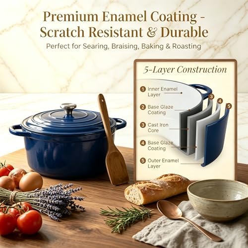 QuliMetal Enameled Cast Iron Cookware Set, 4-Piece Pots and Pans Set with Lids, 10.25" Skillet, 2QT Saucepan, 2.8QT & 4.8QT Dutch Ovens, Oven Safe to 500°F, All Stovetops Compatible - Navy Blue - Image 4