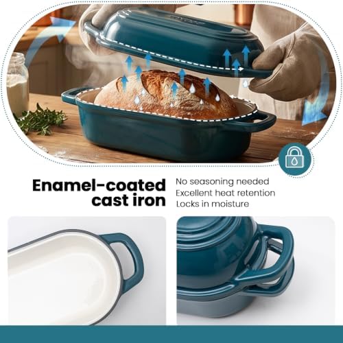 Oval Dutch Oven for Bread Baking,11.3x5.3 Enameled Cast Iron Bread Pan,Teal - Image 4