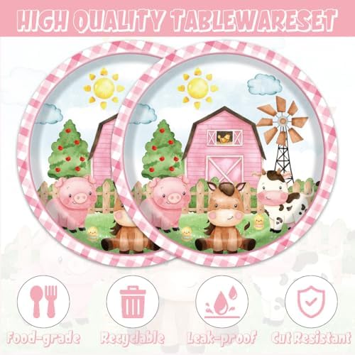 Egami 40pcs pink Farm Party Supplies,include 20 Dessert plate and 20 Napkin,Farm Animal Party Plate Napkin Set,Used for Animal Party Decoration - Image 3