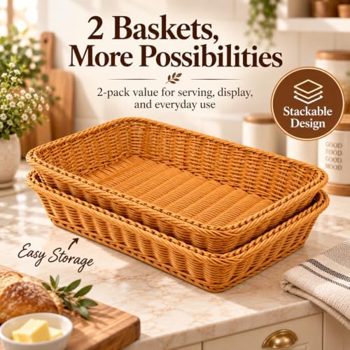 2 Pack Wicker Bread Baskets, 16 Inch Rectangular Serving Trays - Image 4