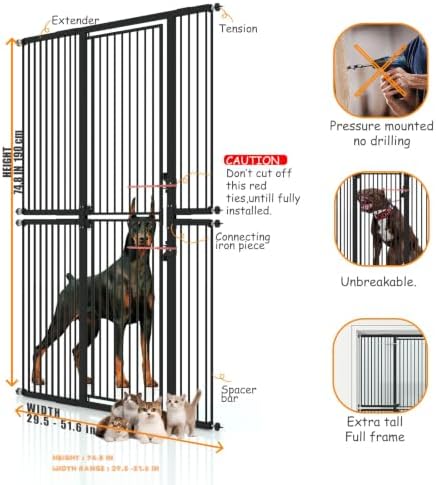 74.8" Extra Tall Pet Gate for Cats，29.5"-51.6" Extra Wide Cat Gate,Pressure Mounted Easy Walk Through Pet Gate with Door for Stairs, Doorways, Kitchen(Black) - Image 2