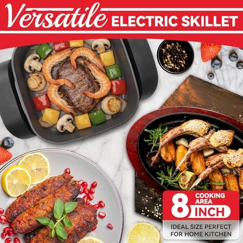 SugarWhisk 8-inch Ceramic Coated Electric Skillet with Lid, Non Stick Skillet Griddle Pan Electric, Rapid Heat Up, 650W, Breakfast Skillet, Kitchen Appliances for Cooking, Graphite - Image 3