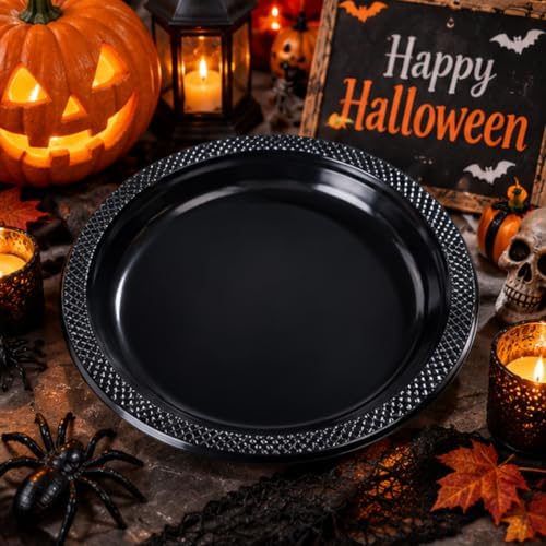 WELLIFE Black Plastic Plates 9 Inch 50 Count Halloween Plates - Image 4
