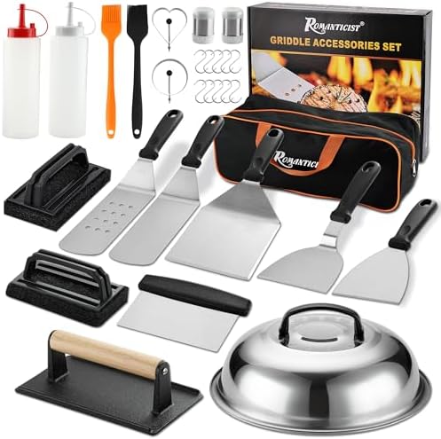 ROMANTICIST 29PCS Griddle Accessories Set - Flat Top Teppanyaki Spatula Set with Scraper, Basting Cover for Camp Chef- Home Cooking Griddle and Outdoor BBQ Gifts for Christmas by ROMANTICIST