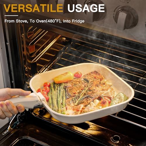 Astercook 23 Pcs Pots and Pans Set Non Stick, Ceramic Cookware Set Detachable Handle, RV Kitchen Cooking Set Removable Handles, Oven Safe, Induction Ready, Stackable, Cream, Fathers Day Gift for Men - Image 3