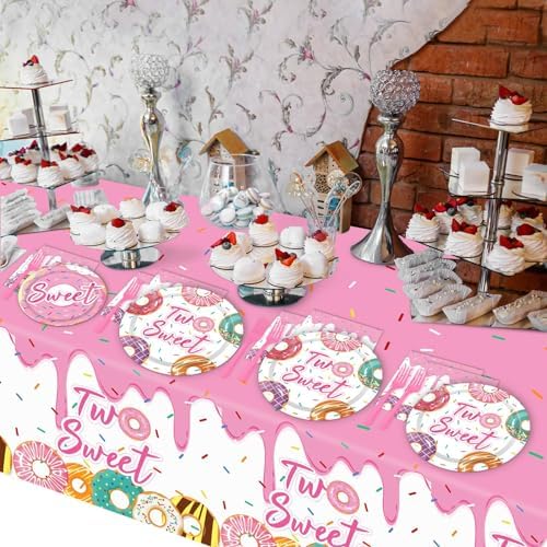 ZOIIWA 98 Pieces Two Sweet Donut Birthday Party Supplies for 24 Guests Girls Donut Tableware Set Baby Girl 2nd Birthday Paper Plates Napkins Tablecloth Decorations Table Cover Dinnerware Party Favors - Image 6