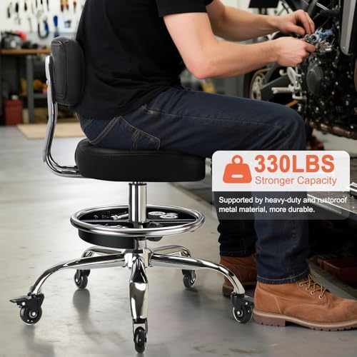 Garage Mechanic Stool with Backrest, Height Adjustable Heavy Duty Swivel Task Chair, Rolling Workshop Stool with Tool Tray Storage, Mechanic Chair for Garage, Shop, Auto Repair (Black) - Image 4