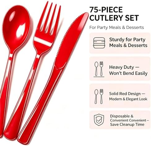 75 Pack Red Heavy Duty Plastic Silverware Set, Disposable Knives, Forks & Spoons, 25 Sets for Birthday, Baby Shower, Camping, Picnic & Party - Image 4
