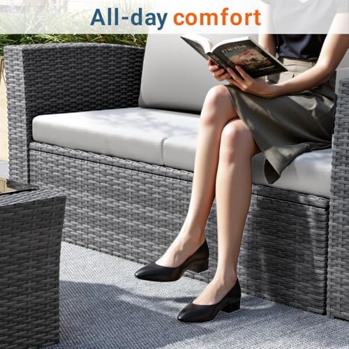 Wisteria Lane 4 Piece Patio Furniture Set, Wicker Outdoor Patio Conversation Furniture Set, All Weather Outdoor Patio Sofa with Cushion and Glass Table, Light Gray - Image 3