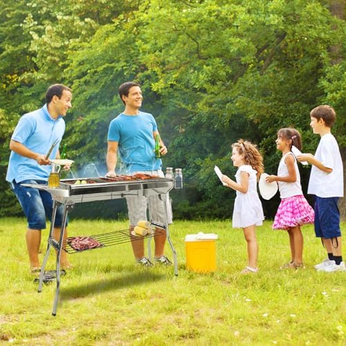 Charcoal Grills,Stainless Steel Folding Portable BBQ Grill Large Charcoal Grill for Garden Backyard Party Picnic Travel Outdoor Cooking Use With Non-Stick Frying Pan - Image 4