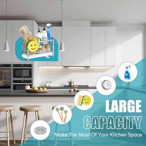 Sponge Holder for Kitchen Sink with Flexible Sink Caddy Smiley Face,2 Tier Kitchen Sink Organizer Countertop and Storage Essentials,Soap Dispenser Organize,Home Decor Accessories-Silver - Image 5