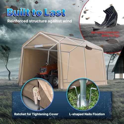 ADVANCE OUTDOOR 8x14 ft Steel Metal Peak Roof Portable Garage Shelter Storage Shed Carport for Motorcycle, Bike or Garden Tools with 2 Roll up Doors & Vents, Beige - Image 5